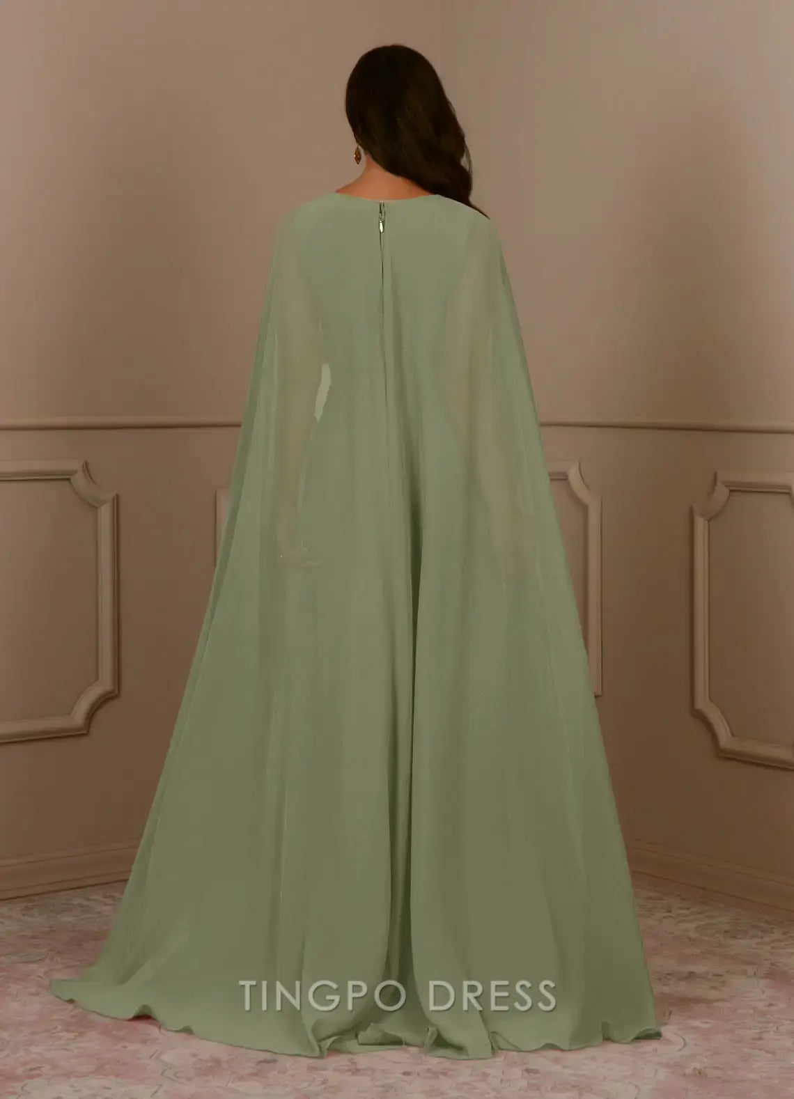 TingPo Wholesale Elegant V - Neck Chiffon Maxi Dress with Cape Sleeves and Waist Belt for Formal Occasions